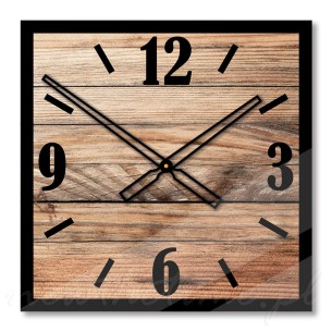 Zegar na ścianę Modern Wood X2 szklany, duży, drewno, czarne kreski i cyfry - 50 cm