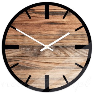 Szklany zegar ścienny Modern Wood X12 - z motywem drewna, czarne indeksy 30cm