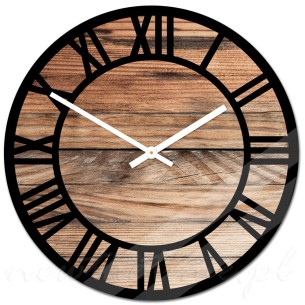 Szklany zegar ścienny loft - drewno, rzymskie cyfry Modern Wood X16 30 cm 