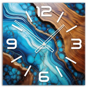 Szklany zegar ścienny EPOX3 - motyw żywicy z drewnem, lazur, 50 cm