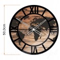 Szklany zegar ścienny Modern Wood X17 z motywem drewna i mapy świata, 50 cm