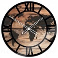 Dekoracyjny zegar ścienny ze szkła hartowanego z grafiką drewna i mapy świata, 50 cm