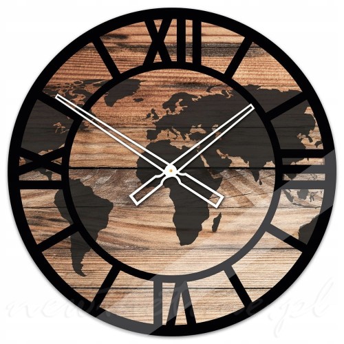 Dekoracyjny zegar ścienny ze szkła hartowanego z grafiką drewna i mapy świata, 50 cm