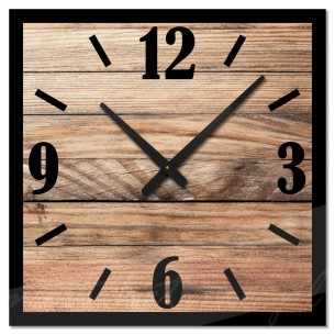Szklany zegar ścienny Modern Wood X2 drewno, czarne kreski i cyfry - 40 CM
