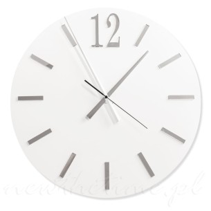 Biały zegar ścienny - lustrzane indeksy i cyfra 12, cichy mechanizm, Aurelio White 50 cm