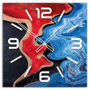 Szklany zegar ścienny - duży, motyw żywicy, niebiesko czerwony EPOX8 50 cm