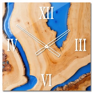 Szklany zegar ścienny EPOX4 - motyw żywiczny, drewna, duży 50 cm
