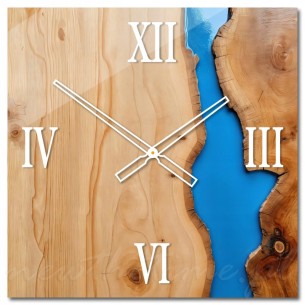 Szklany zegar ścienny EPOX5 - motyw żywicy, drewno, błękit, duży 50 cm