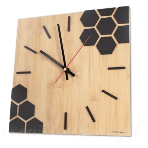 Zegar z bambusa gruby matowe czarne hexagony minimalistyczny 30 cm